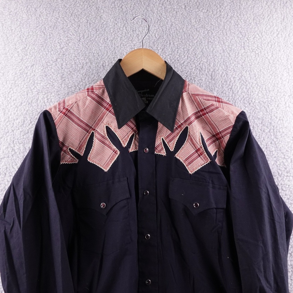 Men's Vintage Western Black and Red Plaid Pearl Button Down Shirt